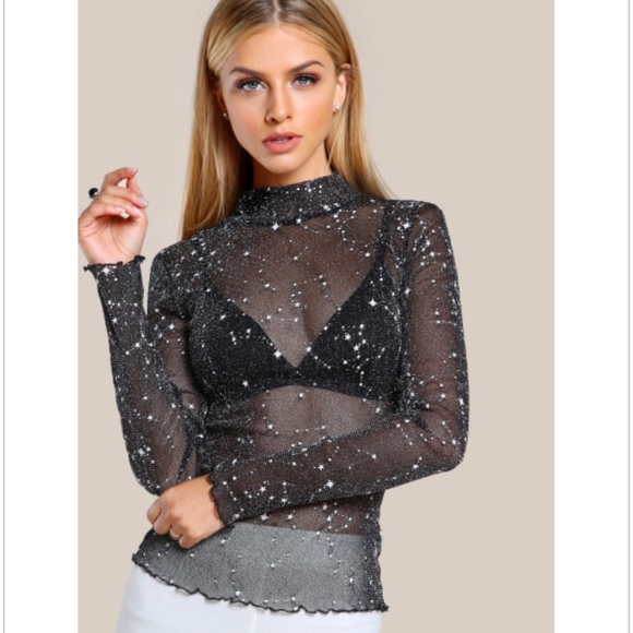 Tops - HP!  Mock Neck Lettuce Hem Glitter Mesh Top